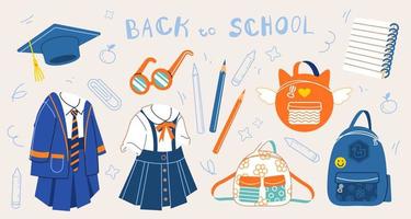 Schulkleidung. grafische Elemente und Symbole für Kinder im Cartoon-Stil. niedliche Vektorgrafiken von Uniform, Rucksack, Notizbuch, Kleidung, Brille und mehr. zurück zur schule, zum schulkonzept gehen vektor