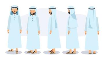 Zeichentrickfigur des muslimischen Mannes. vorne, seitlich, hinten, 3-4 Ansichtszeichen. flache vektorillustration. vektor