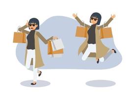 eine frau ist glücklich mit shopping.shopping-konzept, verkauf.flache vektorzeichentrickfilm-figur-illustration. vektor