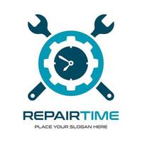 Reparaturzeit-Vektor-Logo-Vorlage. Dieses Design verwendet ein Uhr- und Schraubenschlüsselsymbol. geeignet für die Wartung. vektor