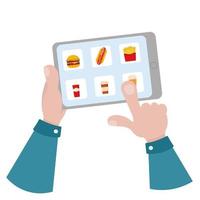 Die Hand des Mannes hält ein Tablet und berührt den Bildschirm mit seinen Fingern. Online-Bestellung für die Lieferung von Lebensmitteln vektor