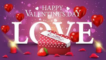 Horizontale lila Valentinstag-Grußkarte mit Geschenk in Form von Herz und Erdbeere vektor