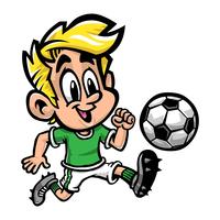 Karikatur-Jungen-Kind, das Fußball oder Fußball in einem grünen T-Shirt und in den Bügelschuhen spielt vektor