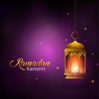 ramadan kareem grußdesign islamisch mit lila unschärfehintergrund und luxuslaterne. goldene Laternenvektorillustration. Ramadan Kareem Hintergrund editierbar vektor