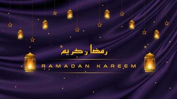 ramadan kareem gruß hintergrund islamisch mit goldener laterne auf luxuriösem lila hintergrund. ramadan kareem-vektorillustrationsschablone vektor