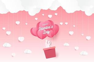 kärlek och alla hjärtans dag, älskare står och en hjärtformad ballong i papperskonst som svävar på himlen. hantverksstil. vektor