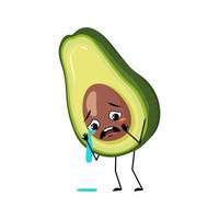 Avocado-Charakter mit Weinen und Tränen, traurigem Gesicht, depressiven Augen. person mit melancholischem ausdruck, pflanzliches emoticon. flache vektorillustration vektor