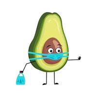 avocado-charakter mit traurigen gefühlen, gesicht und maske halten abstand, hände mit einkaufstasche und stoppgeste. Person mit Pflegeausdruck, pflanzliches Emoticon. flache vektorillustration vektor