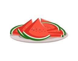 skiva röd saftig vattenmelon med frön, skär bitar av frukt på tallrik. sommarsötma, saftig mat. platt vektor illustration