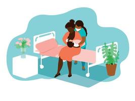afroamerikanerin, die ihr neugeborenes baby stillt. Die Krankenschwester hilft ihr, das Baby an der Brust anzulegen. Stillunterstützung, Informationen über das Wochenbett. vektor