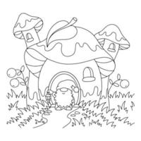 Pilzhaus und Gartenzwerg. Malbuchseite für Kinder. Zeichentrickfigur. Vektor-Illustration isoliert auf weißem Hintergrund.