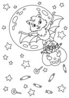 Eine süße Fledermaus trägt einen Kürbiskorb mit Süßigkeiten. Mond und Sterne im Hintergrund. Halloween-Thema. Malbuchseite für Kinder. Cartoon-Stil. Vektor-Illustration isoliert auf weißem Hintergrund. vektor