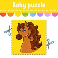 Baby-Puzzle. leichtes Niveau. Pferdetier. Flash-Karten. schneiden und spielen. Arbeitsblatt zur Farbaktivität. Spiel für Kinder. Zeichentrickfigur. vektor