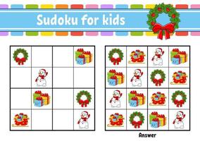 Sudoku für Kinder. arbeitsblatt zur bildungsentwicklung. Zeichentrickfigur. Aktivitätsseite in Farbe. Puzzlespiel für Kinder. Weihnachtsthema. isolierte Vektorillustration. vektor