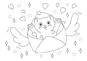 en söt kattunge flyger i ett kuvert med hjärtan. målarbok sida för barn. alla hjärtans dag. seriefigur. vektor illustration isolerad på vit bakgrund.