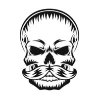 mänsklig skalle med mustasch. svart siluett. designelement. handritad skiss. vintagestil. vektor illustration.