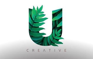 Botanisches grünes Öko-Blatt-Logo-Design-Symbol aus grünen Blättern, die aus dem Brief kommen. vektor