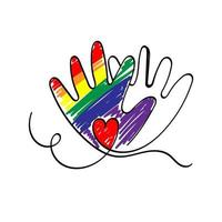 LGBT-Paar. zwei Palmen mit einem von Hand gezeichneten Herzen. lgbt-liebeskonzept. hand in form einer lgbt-flagge. Gekritzelart-Vektorillustration. zusammen. Freiheit. rotes Herz. vektor
