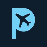 Buchstabe p mit Flugzeug fliegen Reisen Transport Logo Symbol Vektor Illustration Design