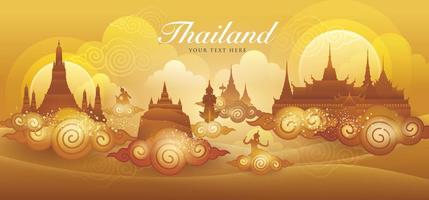 wahrzeichen auf wolken im thailändischen kunststil, thailand erstaunlicher goldvektor, thailändischer kunstgrafikvektor