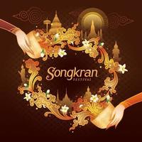 songkran festival, goldkreiswasserspritzer mit wahrzeichen in thailand und jasminblüten, traditionelles thailändisches design.