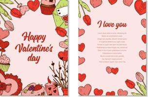 zweiseitige vertikale Grußkarte zum Valentinstag mit handgezeichneten Elementen. Vektor-Illustration vektor