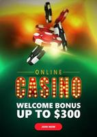 Online-Casino, Banner mit Pokerchips und grüner Casino-Roulette-Tisch in Perspektive mit goldenem Hintergrund