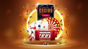 Online-Casino, Banner mit Smartphone, Casino-Spielautomat, Casino-Roulette, Spielkarten, Pokerchips auf goldenem Podium mit gelbem Neonring im Hintergrund, realistische 3D-Vektorillustration. vektor