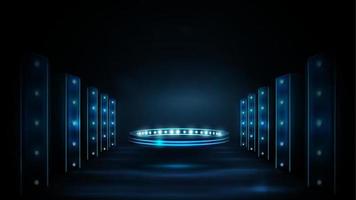 digitaler Ring und Säulen mit Lichtern. Leuchtendes blaues Neonpodium in Form eines Rings im Raum mit digitalen Säulen, Szene aus der Zukunft vektor