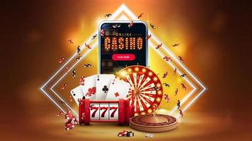 onlinekasino, orange banderoll med smartphone, kasinospelautomat, roulette, spelkort, pokermarker, kasinohjulsförmögenhet och neon rombramar på bakgrunden, 3d-realistisk vektorillustration. vektor