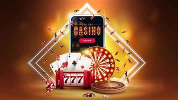 online-casino, orangefarbenes banner mit smartphone, casino-spielautomat, roulette, spielkarten, pokerchips, casino-radvermögen und neonrhombusrahmen im hintergrund, 3d realistische vektorillustration. vektor