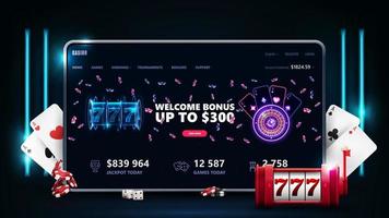 online-casino, banner mit tablet, casino-spielautomat, karten und pokerchips in dunkler szene mit vertikalen neonlampen vektor