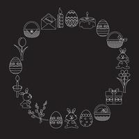 påskram i cirkelform. ingår kanin, korg, ägg, blomma. vektor