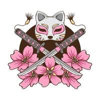 katana-schwert und katzenmaske mit handgezeichneter illustration der kirschblüten vektor