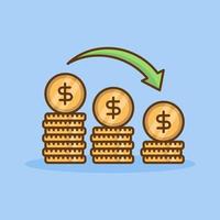 Dollar-Abnahme-Symbol im flachen Stil. Geld verringern Cartoon-Vektor-Illustration vektor
