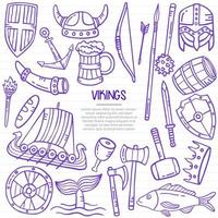 vikingar med doodle stil för mall av banderoller, flygblad, böcker och tidningsomslag vektor