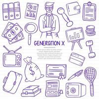 generation x business mit doodle-stil für vorlagen für banner, flyer, bücher und magazincover vektor