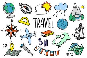 resor ikoner som i handritad doodle stil. turism och geografi symboler. vektor illustration på vit bakgrund
