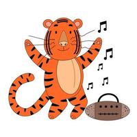 Der Tiger tanzt zur Musik, ein süßes Tier. die idee einer figur für eine grußkarte, ein kinderwandbild. vektor