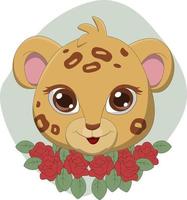 söt leopardhuvud tecknad med blommor vektor