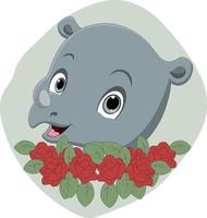 söt noshörningshuvud tecknad med blommor vektor