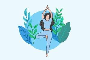 kvinna som mediterar i lugn yoga och hälsosam livsstil meditation människor poserar andlig relax platt tecknad design vektor