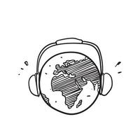 handritad doodle earth globe planet med headset illustration vektor isolerade