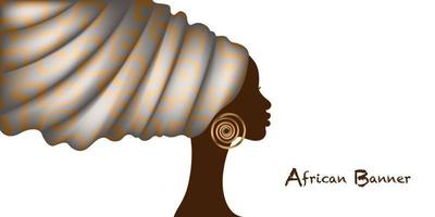Turban-Kopfwickel mit afrikanischem Druck, Banner-Porträtschönheitsfrau in Afro-Frisuren, Logo-Design schwarzes Frauen-Haarkleid, Vektor-Afrika-Ethno-Vorlage isoliert auf weißem Hintergrund vektor