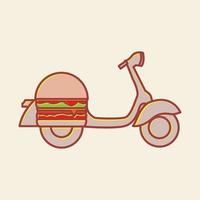 Lebensmittel-Hamburger oder Fast-Food-Lieferung mit klassischer Motorrad-Logo-Design-Vektorsymbol-Symbolillustration vektor
