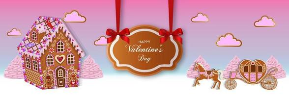 valentinstagbanner mit lebkuchenhaus und kutsche vektor