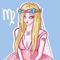 Anime-Cartoon eines blonden Mädchens mit blauen Augen und einer Schmetterlingskette. Konzeptkunst des Jungfrau-Zeichens mit Blumen auf ihrem Haar und einem rosa Hochzeitskleid mit Schleier. astrologischer und tierkreisvektor. vektor