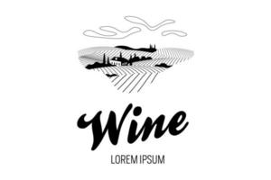 vingård vin druva hill farm logotyp koncept. alkoholetikett romantiskt landsbygdslandskap i solig dag med villa, vingårdsfält, plantagekullar, gårdar, ängar och träd. vektor eps monokrom logotyp