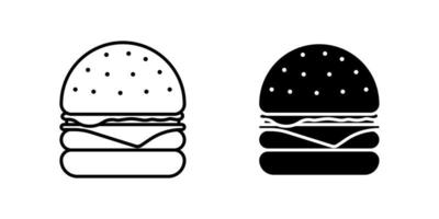 hamburgare snabbmat isolerade ikonuppsättning. konturhamburgare med tomat, rosett, grönt, saftig stekt nötkotlett, ostskiva i rostad bulle med sås. cheeseburger svart platt vektor eps illustration