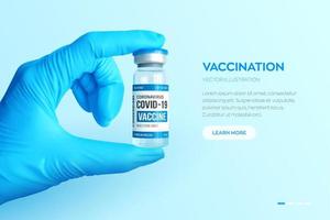 vaccinflaska med covid-19 coronavirus. vaccination koncept. läkarens hand i blå handskar håller den medicinska glasflaskan för injektion. utveckling och skapande av ett vaccin mot coronavirus. vektor illustration.